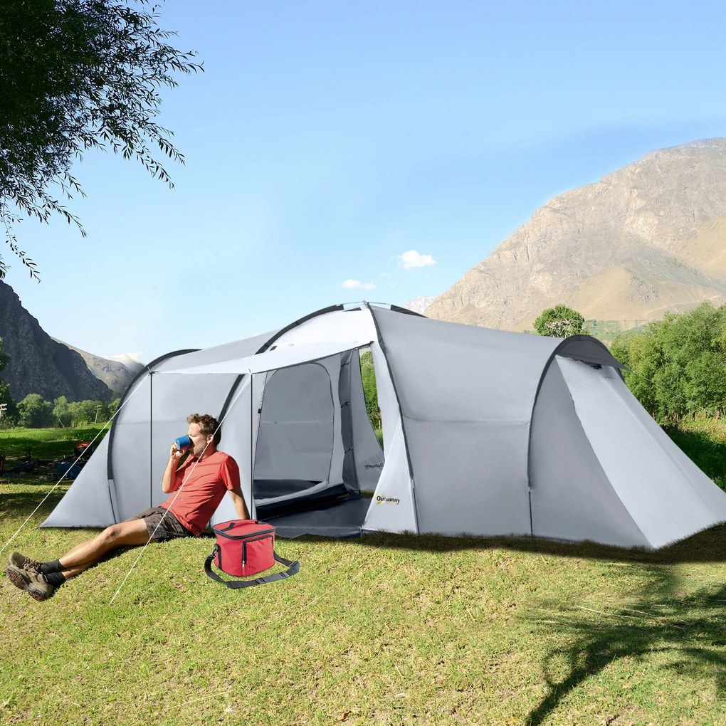 Outsunny Cort Camping 4-5 Persoane 2 Camere Familie Impermeabil Baldachin 590x245x193cm Gri | Aosom Romania
