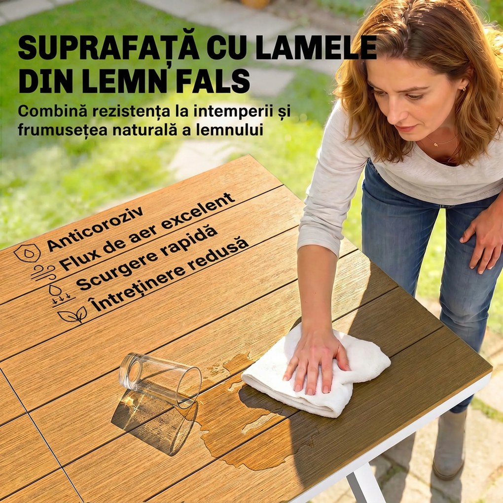 Outsunny Set Masă și Scaune de Grădină 7 Piese, Set Prânz Exterior din Aluminiu cu 6 Scaune Stivuibile, Masă cu Șipci Imitatie Lemn, pentru Terasă, Balcon, Patio, Teak | Aosom Romania