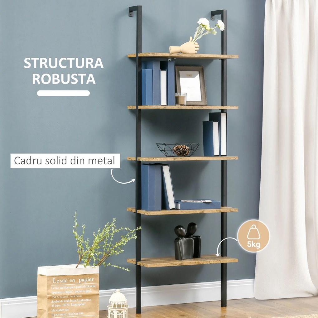 Biblioteca cu scari in stil industrial, cu 5 niveluri, montare pe perete din lemn si metal, 60x30x184,5cm maro HOMCOM | Aosom Romania