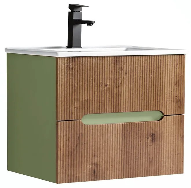 Trent 60 dulap de baie inferior cu chiuvetă ceramică (2 sertare) verde fistic - stejar apus de soare