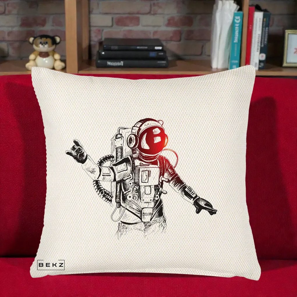 Perna Decorativa Astronaut Rock Sketching, 40x40 cm, Crem Reliefat, Husa Detasabila, Perna Inclusa, BEKZ®