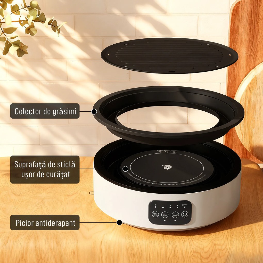 HOMCOM Plită Ceramică Electrică cu Plită de Grătar, Multifuncțională 36cm cu 4 Niveluri de Căldură pentru Toate Tipurile de Oale | Aosom Romania