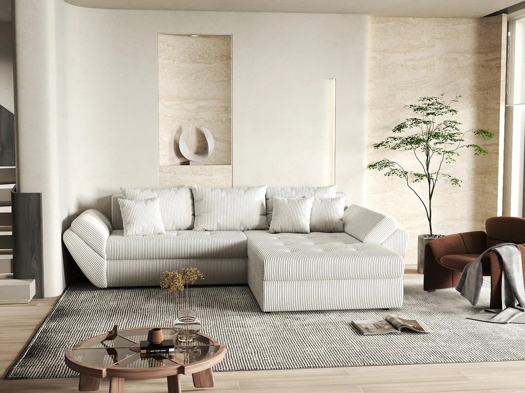 Colțar extensibil dumonde cu ladă de depozitare si sezut confortabil din spuma high-density, Loana Zoom Crem II 270x185 cm