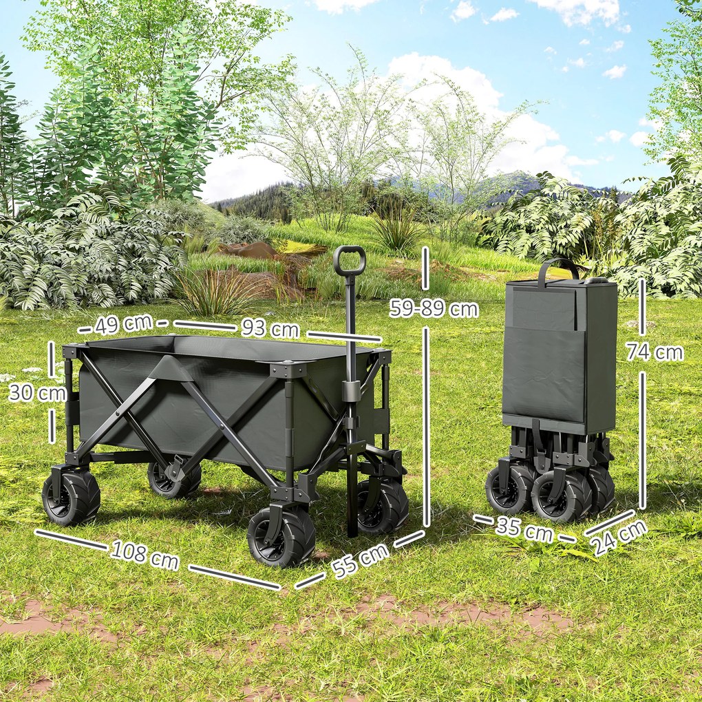 Outsunny Cărucior de Grădină cu Mâner Telescopic, Cărucior Metalic cu Spațiul de Depozitare din Material Oxford, 108x55 cm, Gri