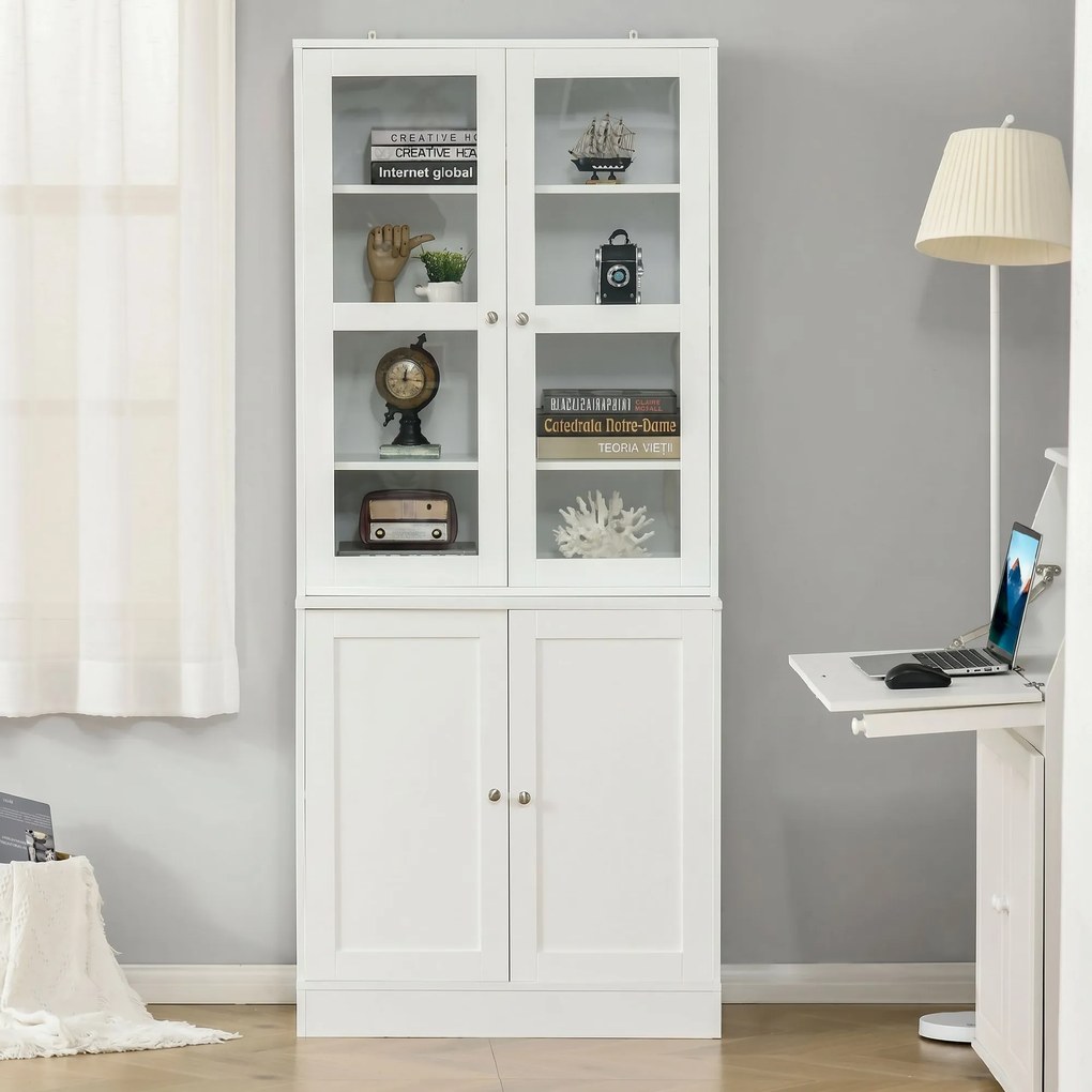 HOMCOM Mobilier de Bibliotecă cu 2 Dulapuri, Rafturi și Uși din Sticlă Alb | Aosom Romania