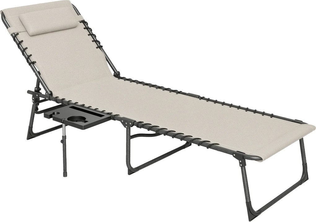 Outsunny Șezlong de Grădină Pliabil și Reglabil în 5 Poziții cu Măsuță Laterală, 60x190x31 cm, Alb Crem | Aosom Romania