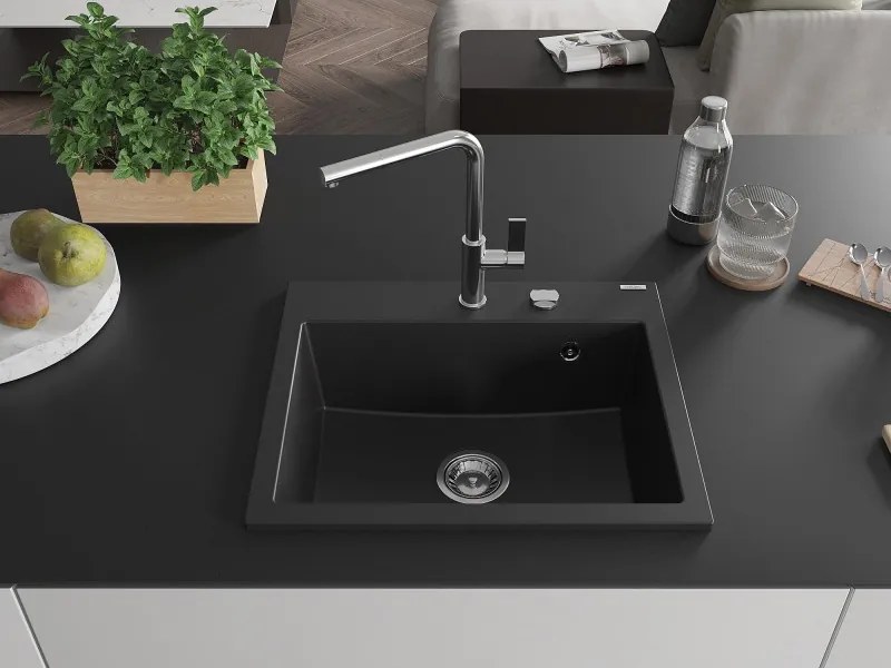 Mexen Oscar chiuvetă din granit cu 1 cuvă 580 x 490 mm, neagră, sifon cromat - 6519581000-77