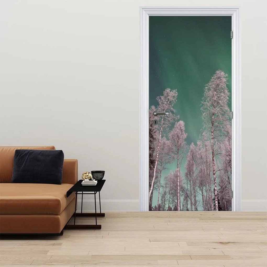 Fototapet pentru ușă - Aurora boreală peste copaci înghețați (95x205cm)