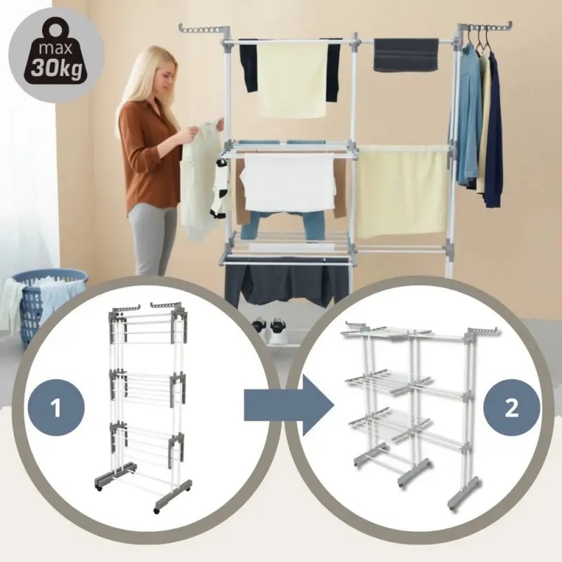 Uscător de rufe Kinghoff KH 2044, 30 m, până la 30 kg, 3 niveluri, roți, oțel, alb/gri