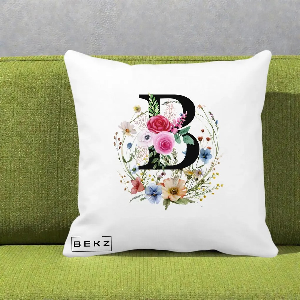 Cadou Personalizat - Perna Personalizata Monogram Litera B cu Flori Acuarela, 40x40 cm, Alba Mata, Husa Detasabila, Perna Inclusa, BEKZ®