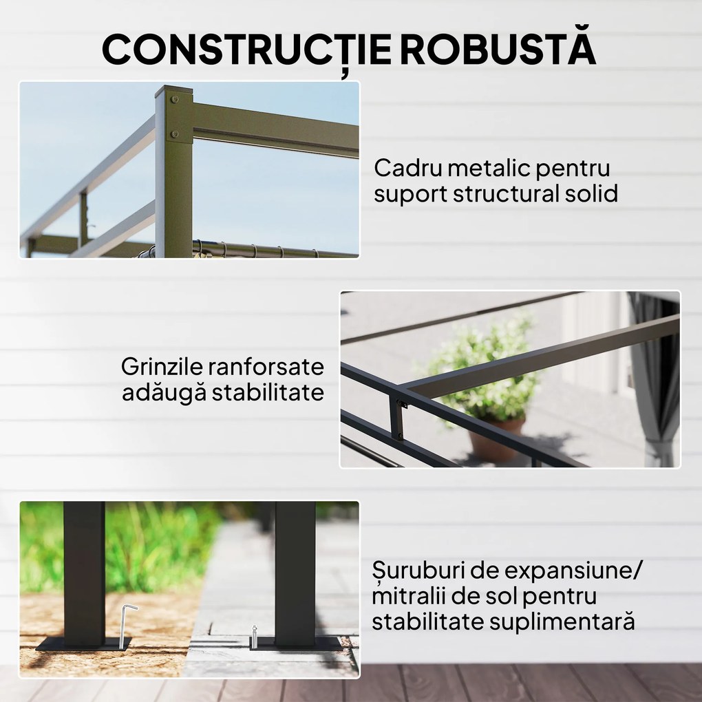 Outsunny Gazebo Pergolă 3x3 m cu Acoperiș Retractabil Glisant, 4 Pereți Laterali, Orificii de Drenare, Pergolă de Grădină din Poliester și Oțel, pentru Terasă, Curte, Exterior, UV30+, Gri Închis | Aosom Romania