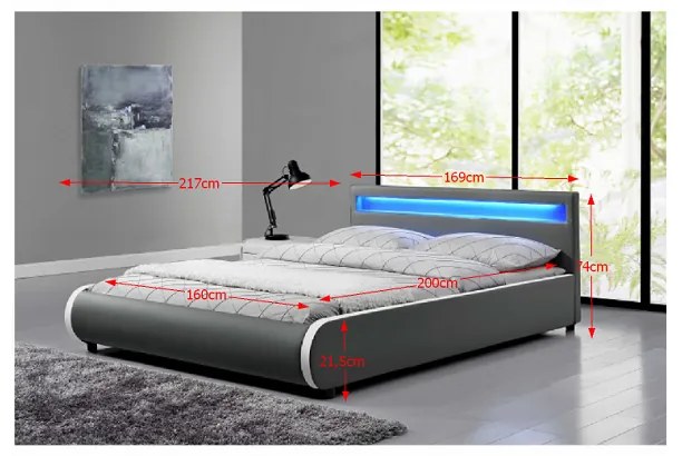 Pat tapitat cu led , piele eco gri, 160x200 cm, cu suport saltea inclus,Bortis Impex 160x200 cm -loc saltea