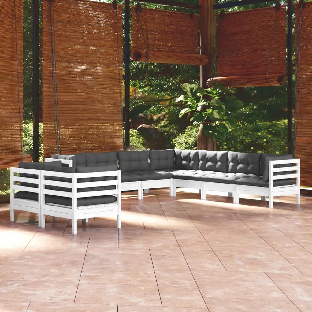 3096900 vidaXL Set mobilier de grădină cu perne, 9 piese, alb, lemn masiv pin
