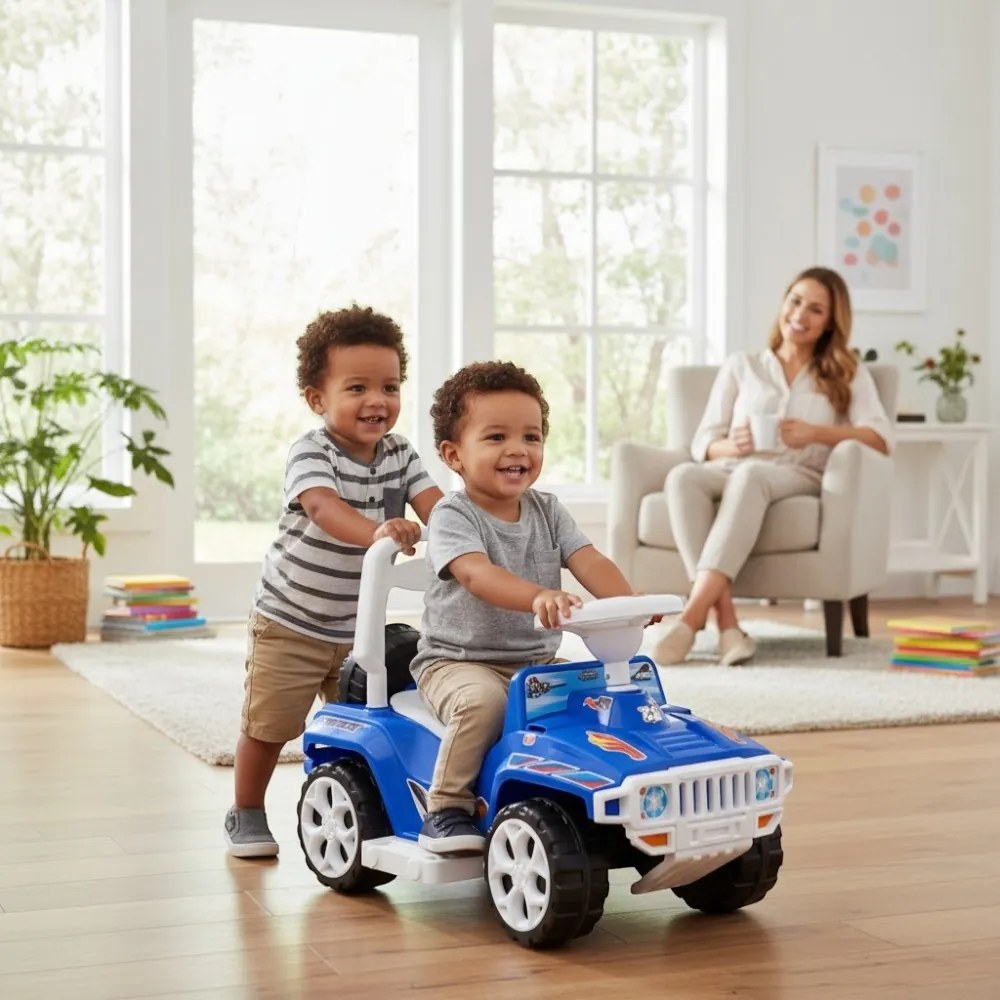 Masinuta copii si bebe NOVOKIDS™ My first SUV Car XXL , Lungime 85 cm, Maner de impins pentru parinti detasabil, Functie trotineta fara pedale,