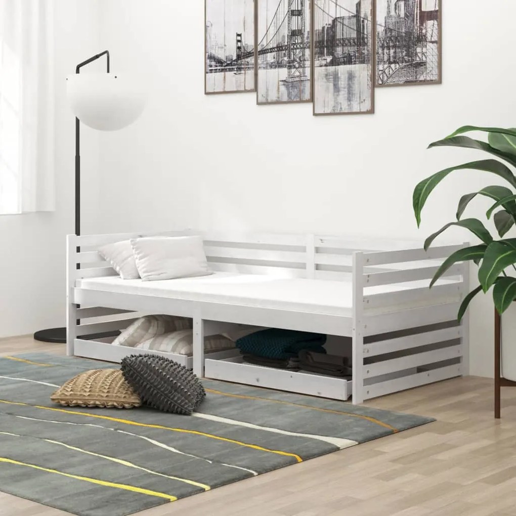 3083690 vidaXL Pat de zi cu sertare, alb, 90x200 cm, lemn masiv de pin