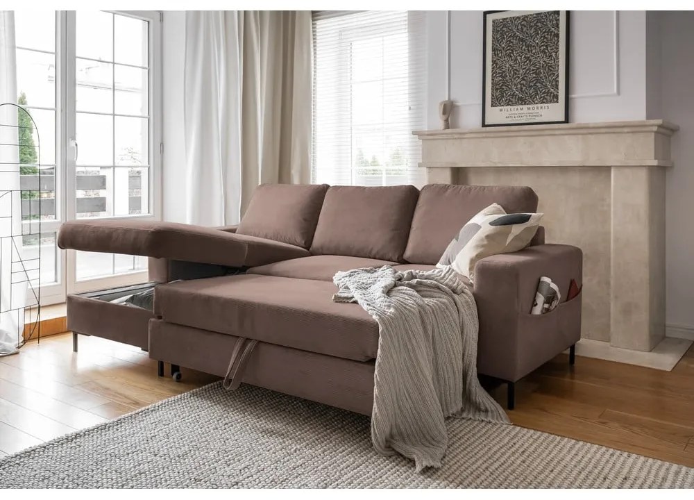 Colțar maro extensibil cu tapițerie din catifea reiată (cu colț pe partea stângă ) Lofty Lilly – Miuform