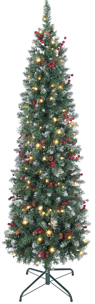 HOMCOM Pom de Crăciun Subțire 180 cm Artificial, Lumini Incorporate în 8 Moduri, 200 Ramuri Dens Ignifuge Înzăpezite, 42 Conuri și 42 Grămezi de Bacche, Pom de Crăciun Îngust și Înalt cu Bază Metalică | Aosom Romania