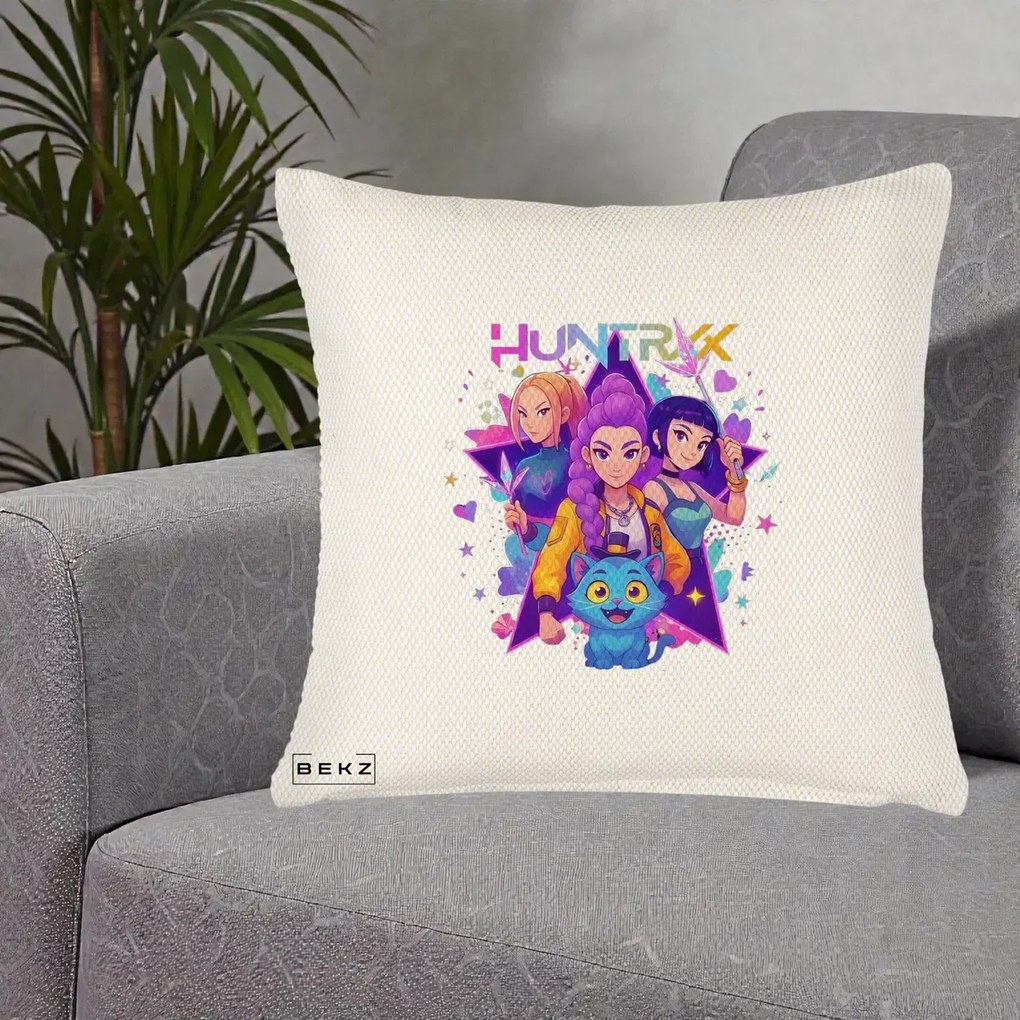 Perna Personalizata K-pop HUNTRX Trio cu Pisica Stele, 40x40 cm, Crem Reliefat, Husa Detasabila, Perna Inclusa, BEKZ®