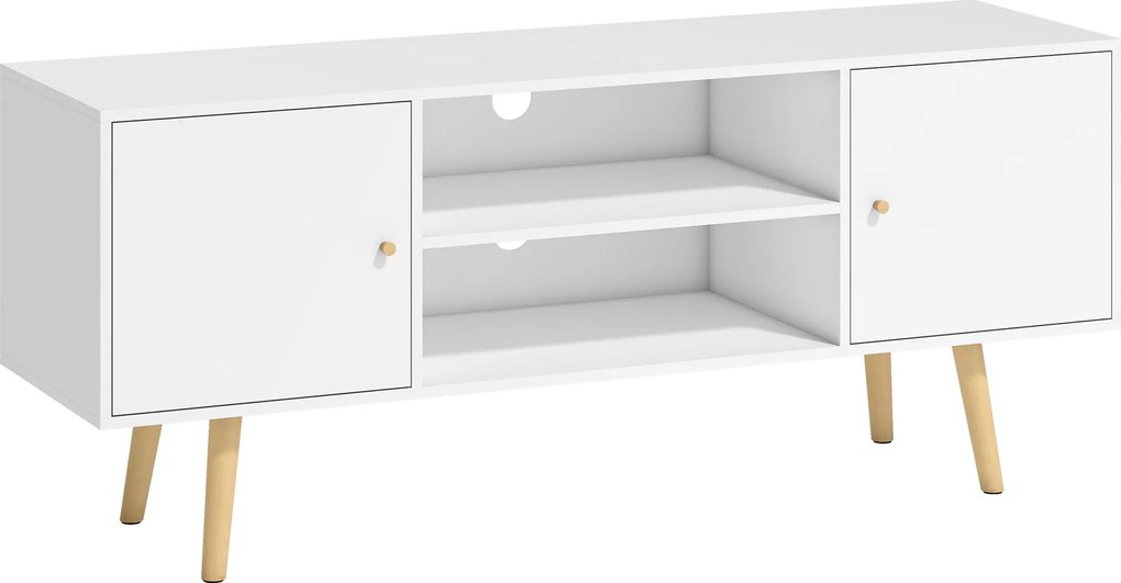 HOMCOM Cabinet TV 55" cu 2 Dulapuri, Uși și 2 Rafturi Deschise, Consolă TV din Lemn și PAL, 120x34x50 cm, Alb | Aosom Romania