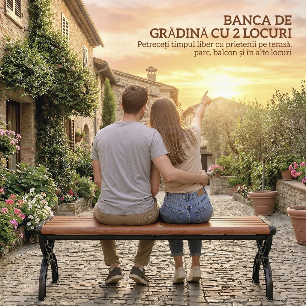 Outsunny Bancă de Grădină 2 Locuri, Bancă cu Cadru din Metal și Efect de Lemn, Mobilier pentru Grădină, Terasă, Parc | Aosom Romania