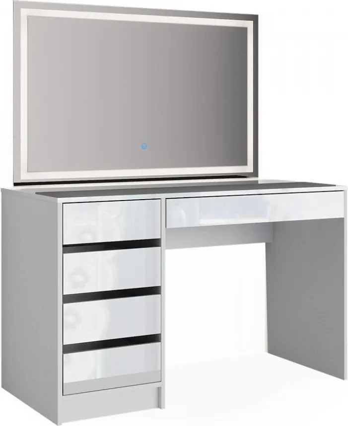 Masuta machiaj cu Oglinda LED si 5 Sertare pentru Cosmetice, Set Masa toaleta 120 cm, Alb Lucios, masuta cosmetica, vanity - SEA902