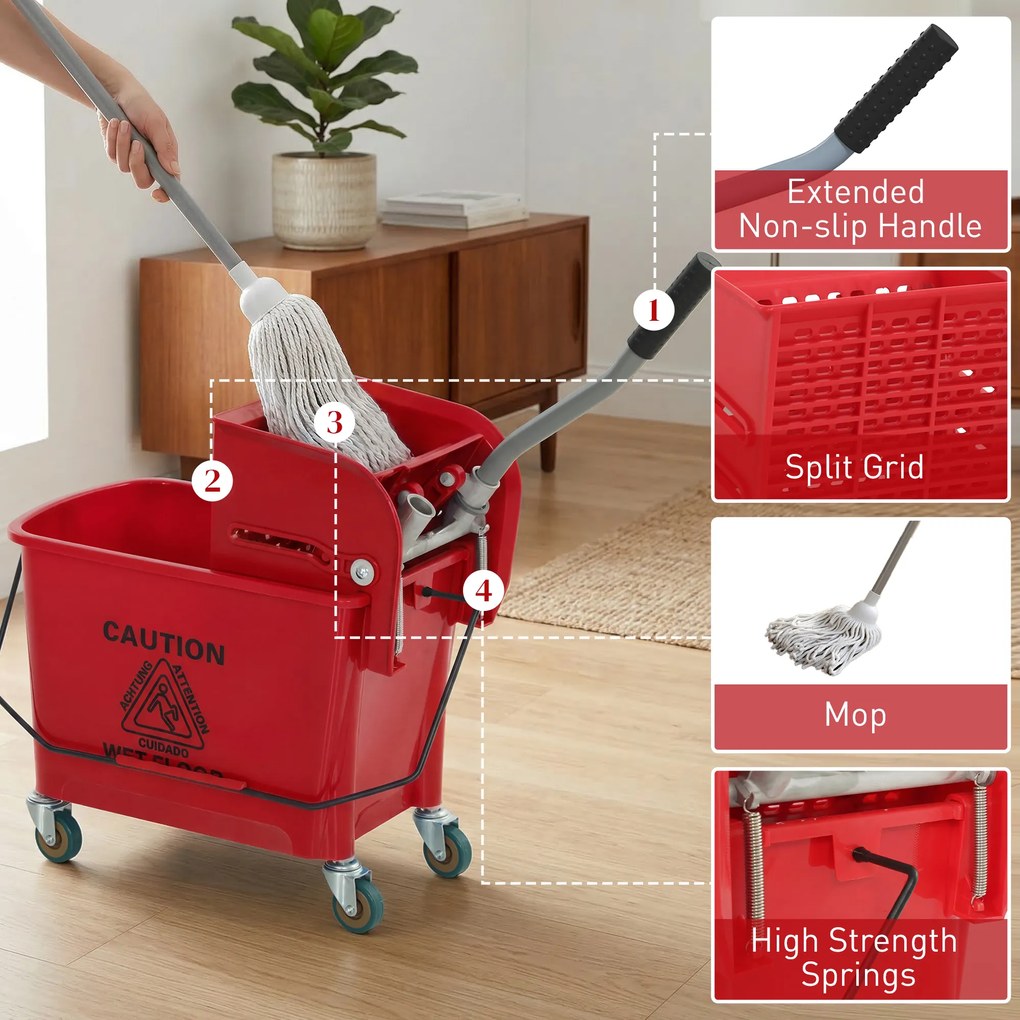 HOMCOM Găleată de mop cu stoarcător, panou separator și roți, capacitate 20 L pentru curățenie casnică 45x26,5x70 cm roșu | Aosom Romania