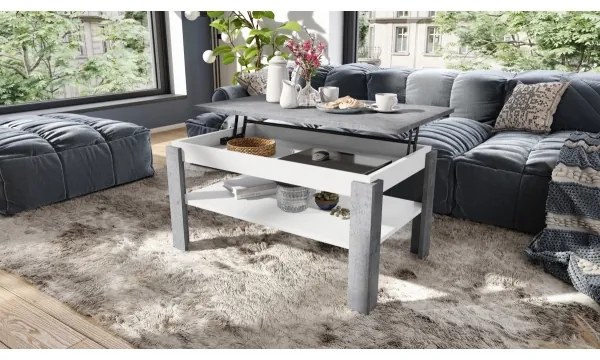 Masă de conferință extensibilă ADEN, blat ridicabil, gri beton/alb