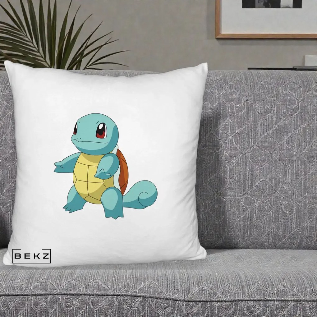 Perna Personalizata Squirtle Pokemon, 40x40 cm, Alb Pufos, Husa Detasabila, Perna Inclusa, BEKZ®