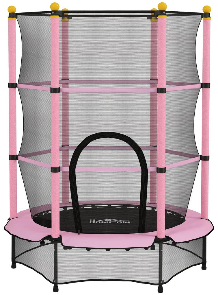 HOMCOM Trambolină Elastică pentru Copii 3-10 Ani cu Plasă de Siguranță și Țevi Capitonate, Ø140x190 cm, Roz | Aosom Romania