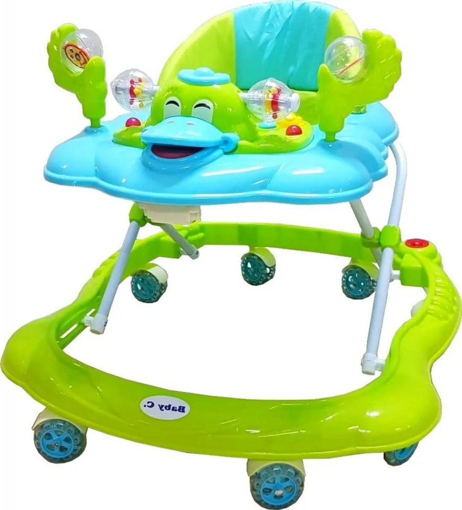 Premergator reglabil in 3 trepte NOVOKIDS™ Baby C, cu melodii, roti silentioase din silicon, Ratusca, Pliabil, Verde Turquoise