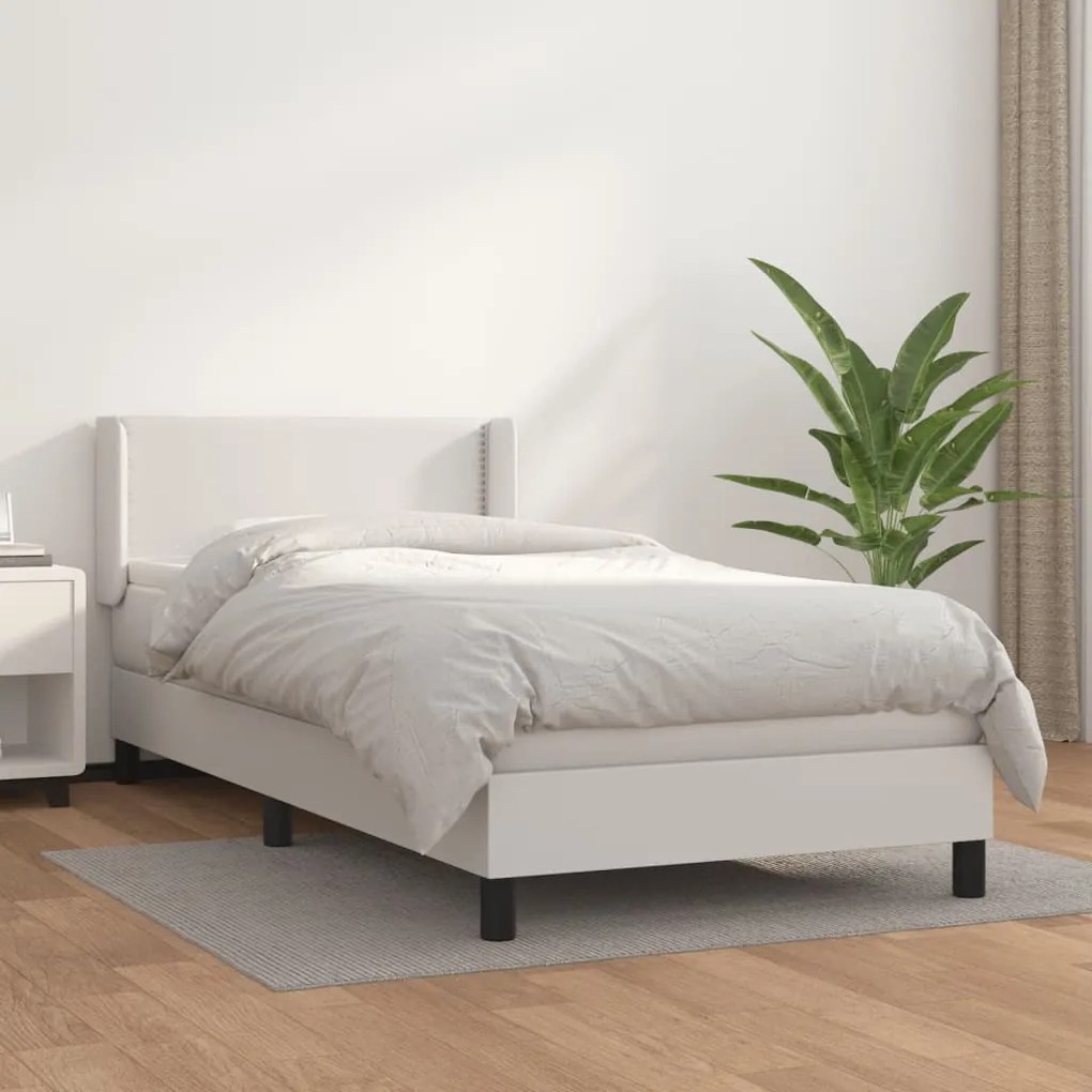 3130692 vidaXL Pat box spring cu saltea, alb, 90x190 cm, piele ecologică