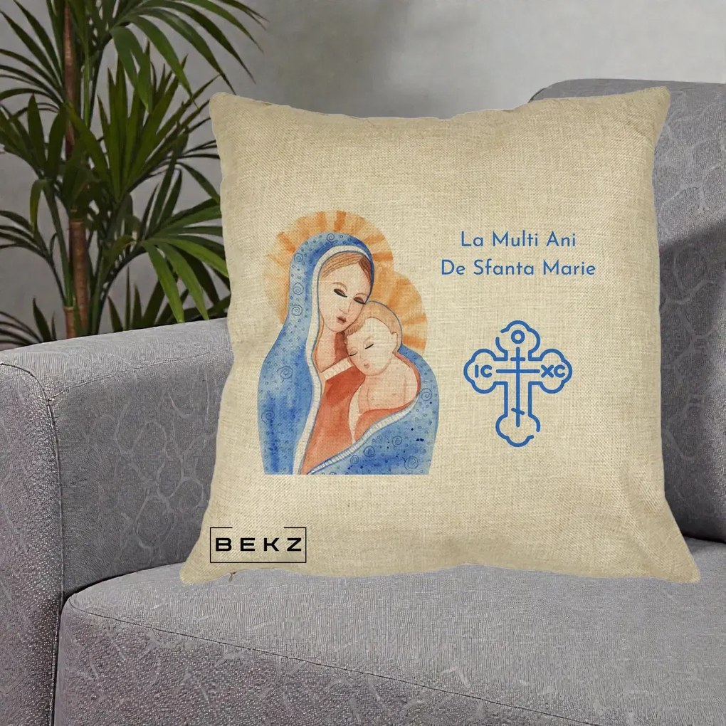 Cadou de Onomastica - Perna Personalizata Sfanta Marie Icoana Acuarela, 40x40 cm, Crem, Husa Detasabila, Perna Inclusa, BEKZ®