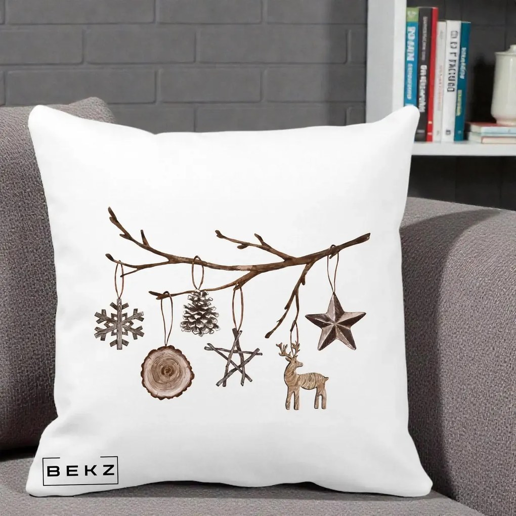 Perna Decorativa Ornamente de Lemn pe Ramura, 40x40 cm, Alba Mata, Husa Detasabila, Perna Inclusa, BEKZ®