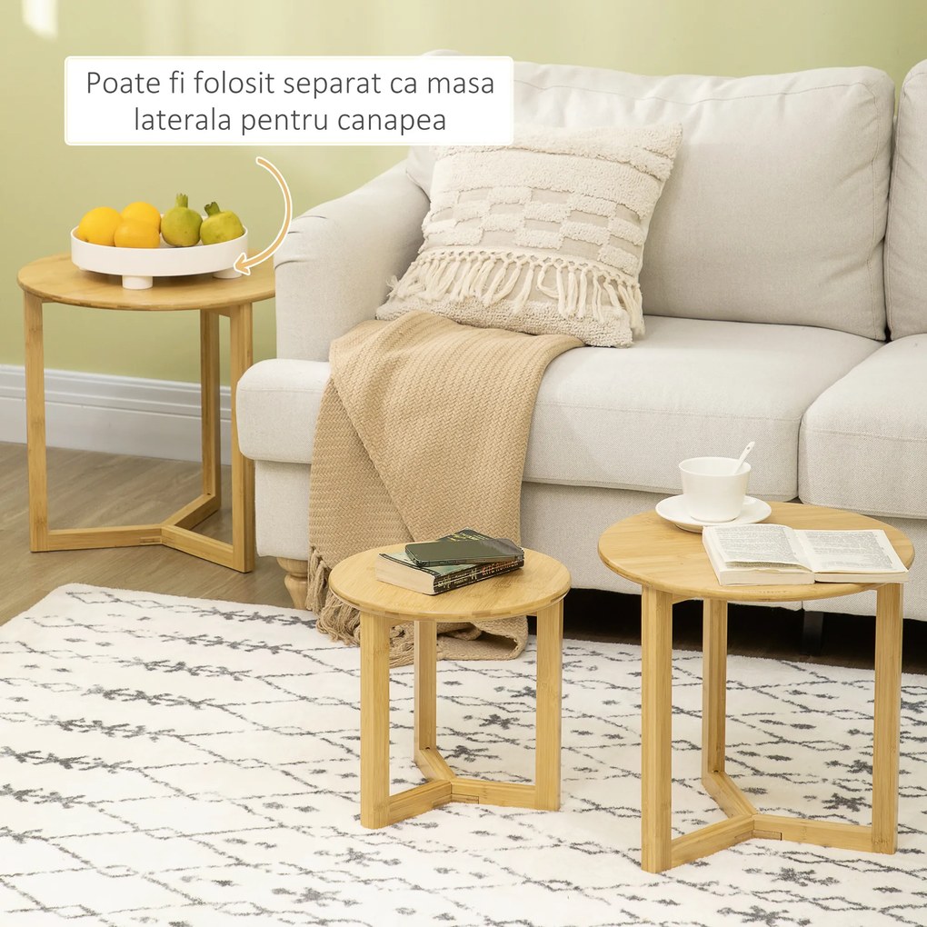Masute pentru camera de zi, 3 bucati din bambus cu design superpozabil pentru spatii interioare si exterioare HOMCOM | Aosom RO