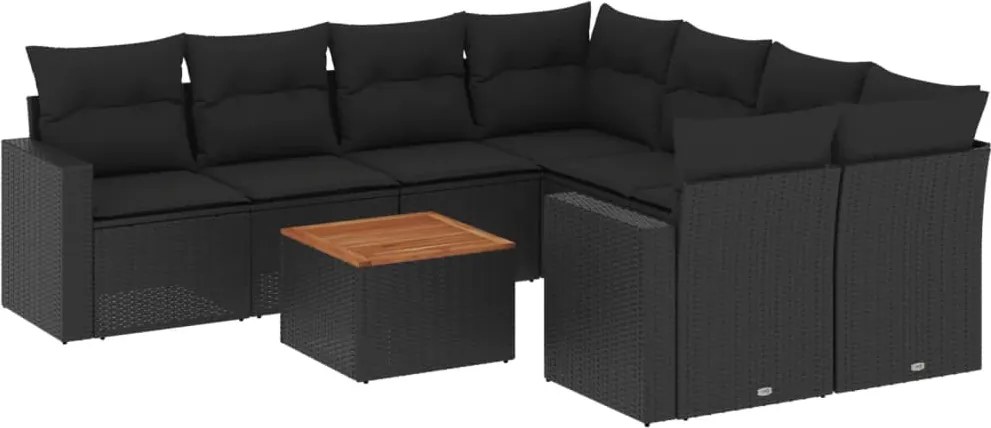vidaXL Set mobilier de grădină cu perne, 9 piese, negru, poliratan