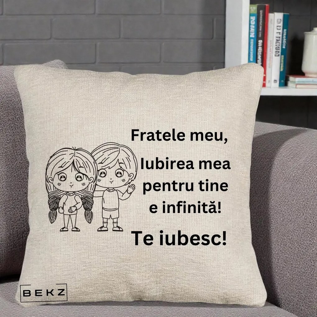 Cadou pentru Frate - Perna Personalizata Fratele Meu Te Iubesc Copii Anime Line Art Negru, 40x40 cm, Bej Canapea, Husa Detasabila, Perna Inclusa, BEKZ®