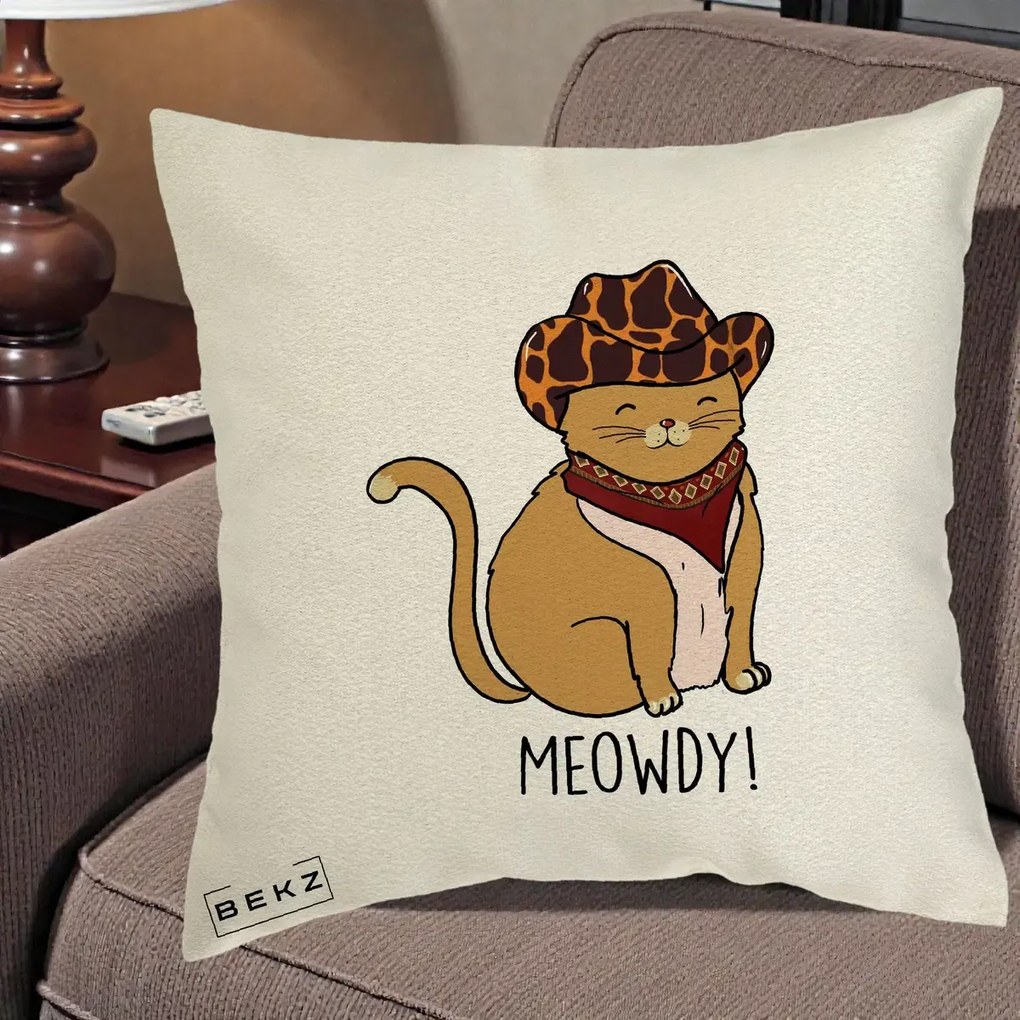 Perna Decorativa Pisica Cowboy Meowdy, 40x40 cm, Ecru, Husa Detasabila, Perna Inclusa, BEKZ®