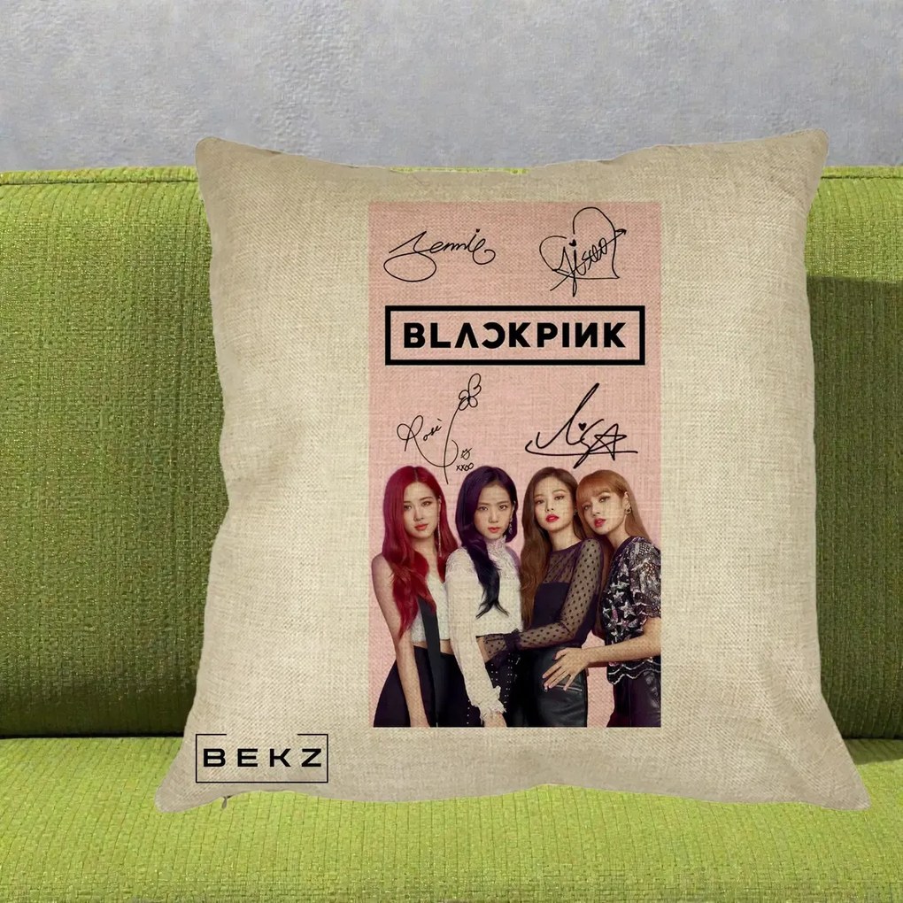 Perna Personalizata K-pop BLACKPINK Semnaturi si Foto, 40x40 cm, Crem, Husa Detasabila, Perna Inclusa, BEKZ®