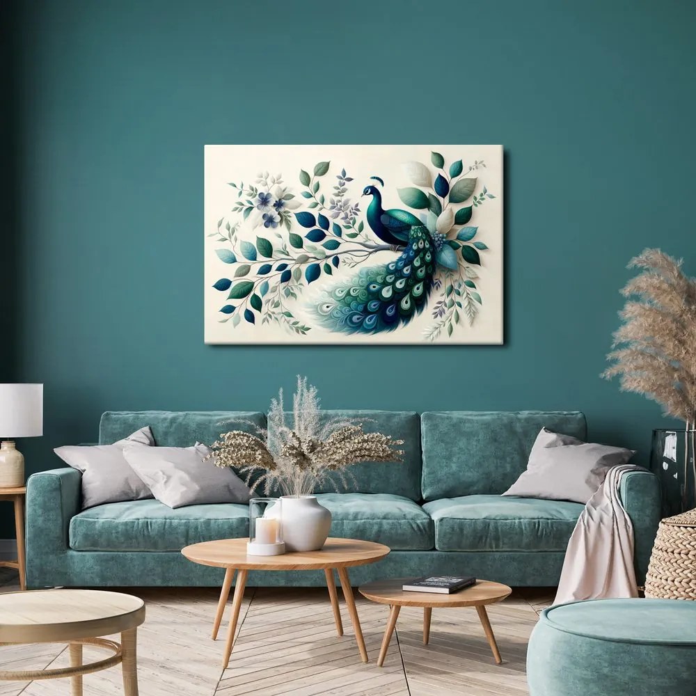 Tablou păun elegant printre frunze