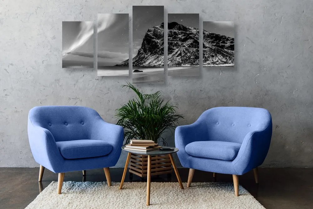 Tablou 5-piese aurora polară în Norvegia în design alb-negru