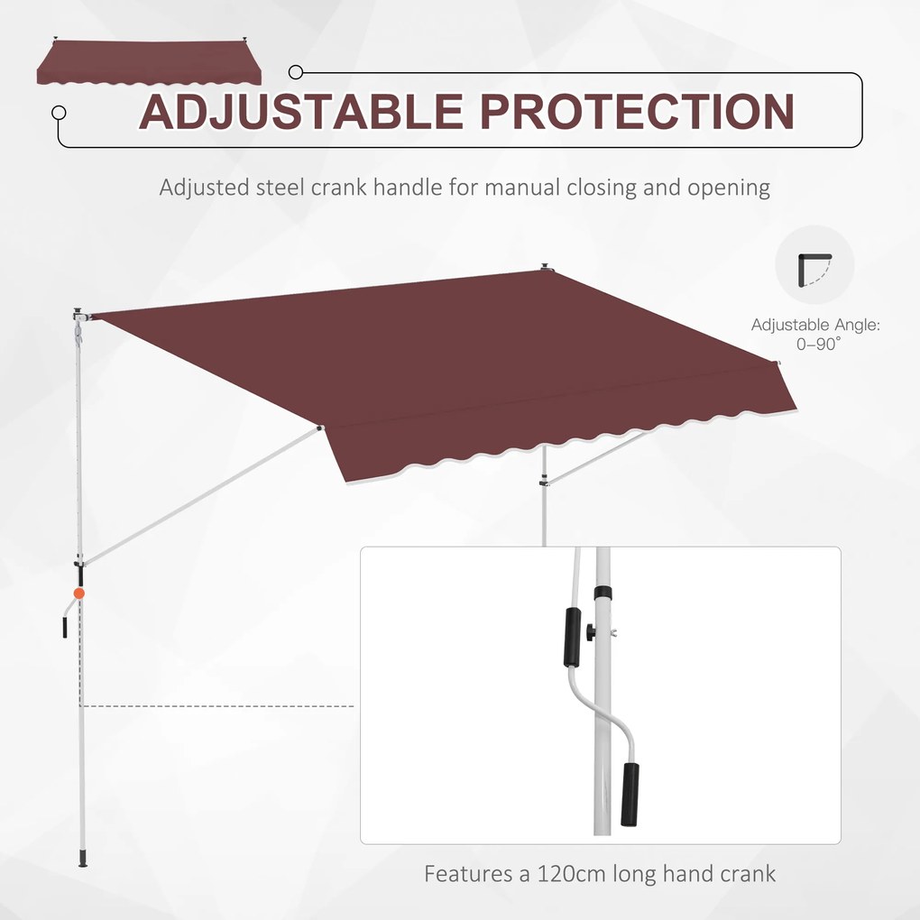 Outsunny Copertină manual retractabilă 3L x 1,5m, înălțime ajustabilă,material din poliester anti-UV, Roșu | Aosom Romania