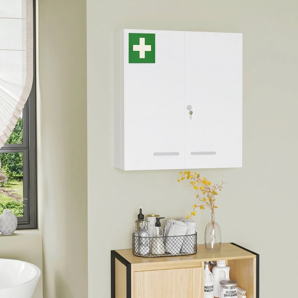 kleankin Dulap pentru Medicamente cu 6 Rafturi cu Încuietoare și 2 Chei de Siguranță, Dulap din Oțel, 55x18x60 cm, Alb