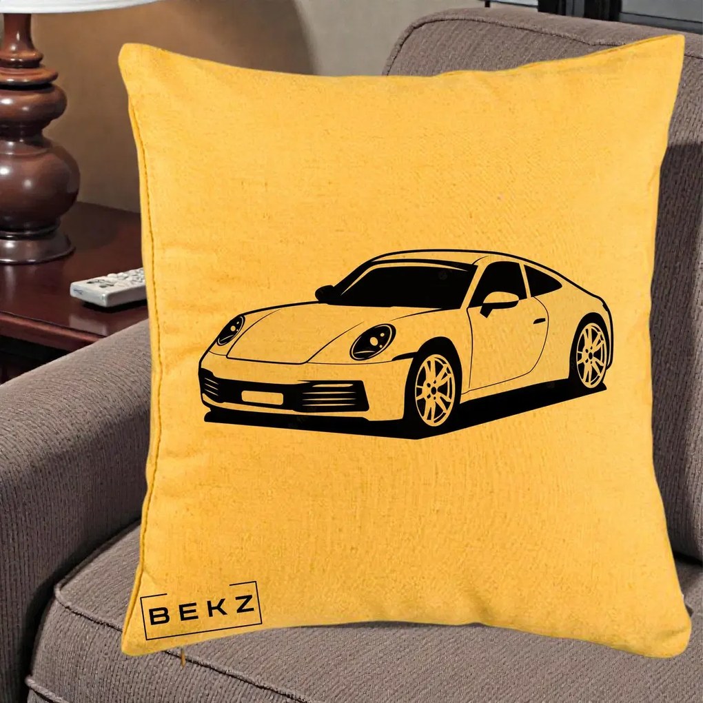 Perna Personalizata Porsche 911 Silueta, 40x40 cm, Galben, Husa Detasabila, Perna Inclusa, BEKZ®