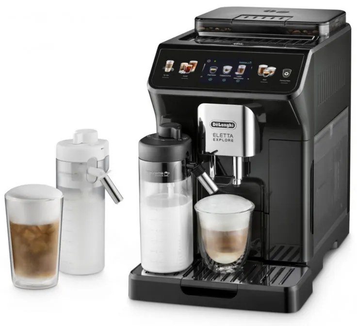 Espressor automat DeLonghi Eletta Explore ECAM450.65.G, 1450W, 19 bar, 1.8l, Wi-Fi, Touch TFT display, LatteCrema hot/cool, Twin Shot, To-Go, Cafea boabe, Negru/Gri