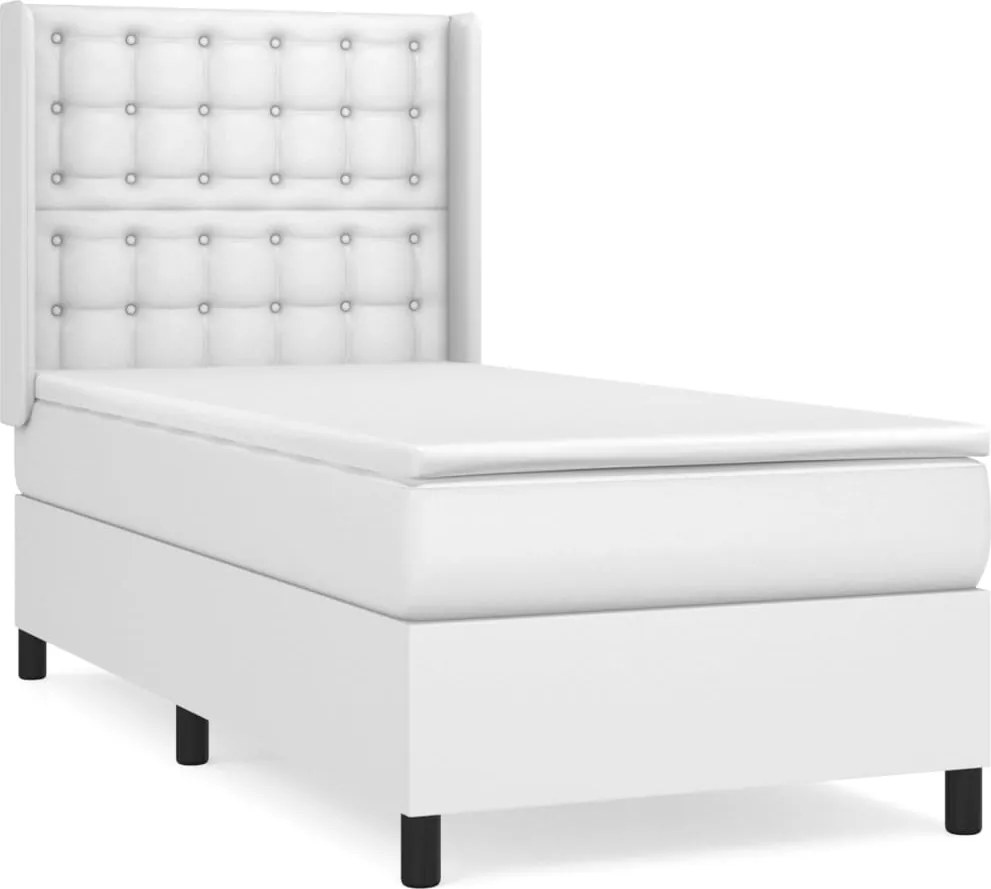 vidaXL Pat box spring cu saltea, alb, 90x190 cm, piele ecologică