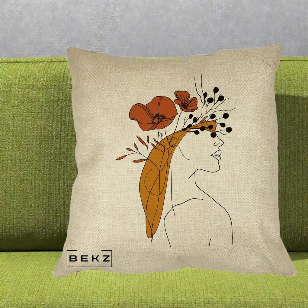 Perna Decorativa Portret Feminin Maci Rosii Auriu, 40x40 cm, Crem, Husa Detasabila, Perna Inclusa, BEKZ®