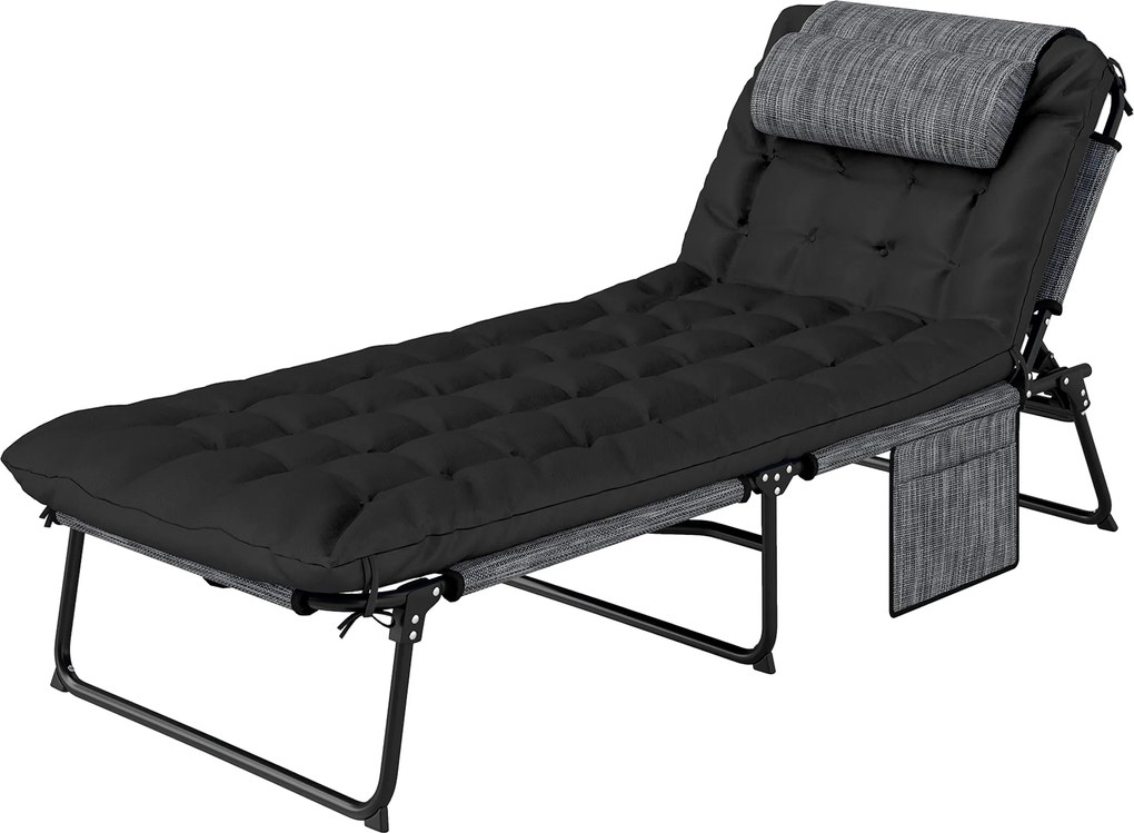 Outsunny Șezlong pliabil pentru grădină cu pernă, spătar reglabil în 4 poziții, buzunar lateral, negru | Aosom Romania