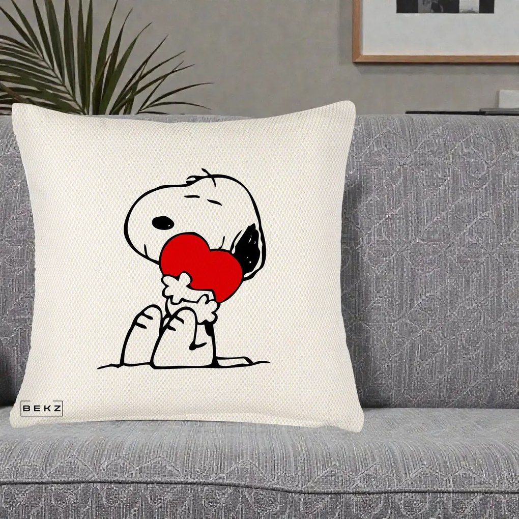 Perna Personalizata Snoopy cu Inima, 40x40 cm, Crem Reliefat, Husa Detasabila, Perna Inclusa, BEKZ®