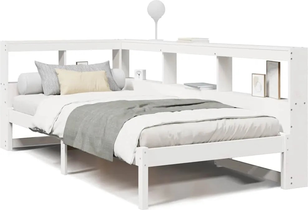 vidaXL Pat cu bibliotecă fără saltea, alb, 100x200 cm, lemn masiv pin