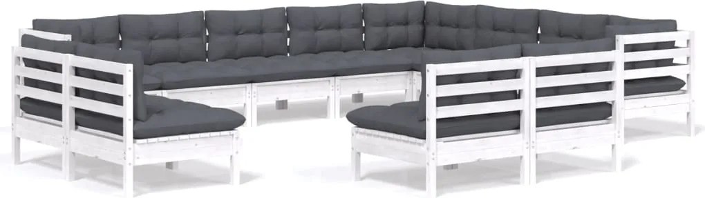 vidaXL Set mobilier grădină cu perne, 12 piese, alb, lemn masiv pin